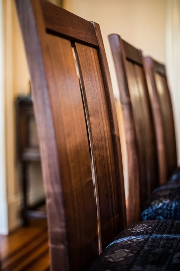 Alicia Dietz Studios, Alisha Deetz, Traditional and Contemporary Dining Chairs - Arched Back Walnut, Combining comfort and class, the arched-back chair is one that’s easy to sit in from appetizers to deserts. The gentle curve of the back legs and boo