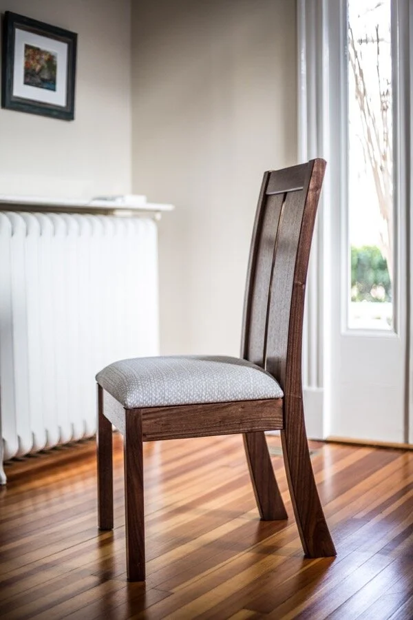 Alicia Dietz Studios, Alisha Deetz, Traditional and Contemporary Dining Chairs - Arched Back Walnut, Combining comfort and class, the arched-back chair is one that’s easy to sit in from appetizers to deserts. The gentle curve of the back legs and boo