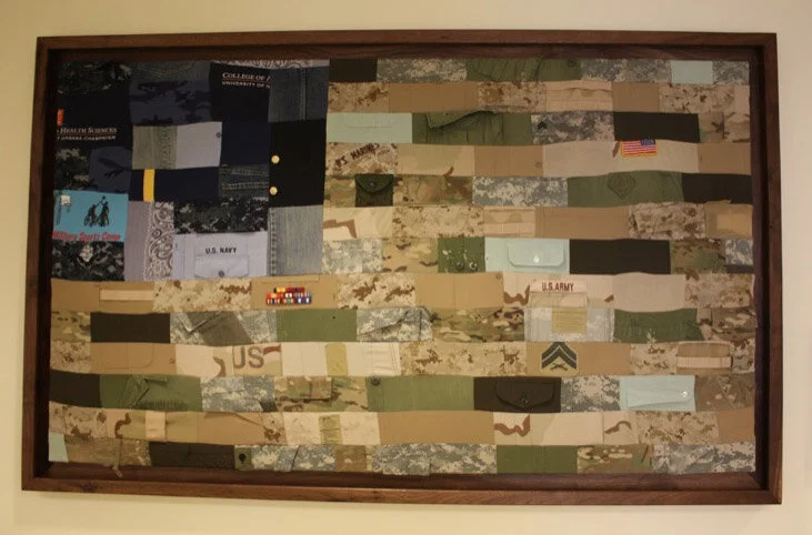 U.S. Military Patchwork Flag celebrating those serving in the Army, Navy, Marines, & Air Force. American Flag Projects - Military Veteran Uniforms transformed into art With each uniform comes a story. The patchwork flag is a way to have conversations