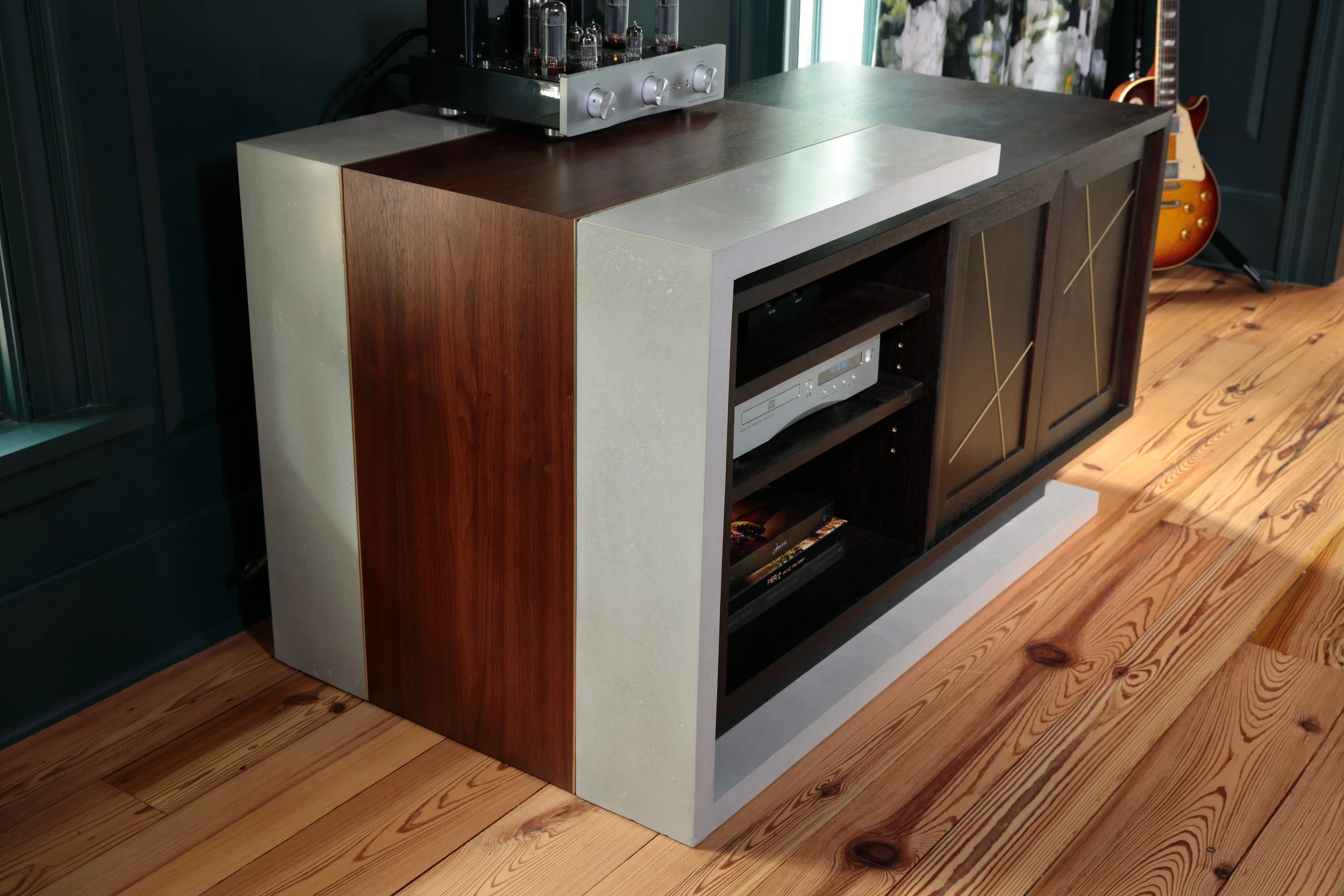 Urban Contemporary Audio Console and media cabinet perfect for the sound mixer, record lover, or musician in your house. Bespoke furniture cabinet perfect for spinning your vinyl records in your chic, urban living room. Custom ultra high performance 