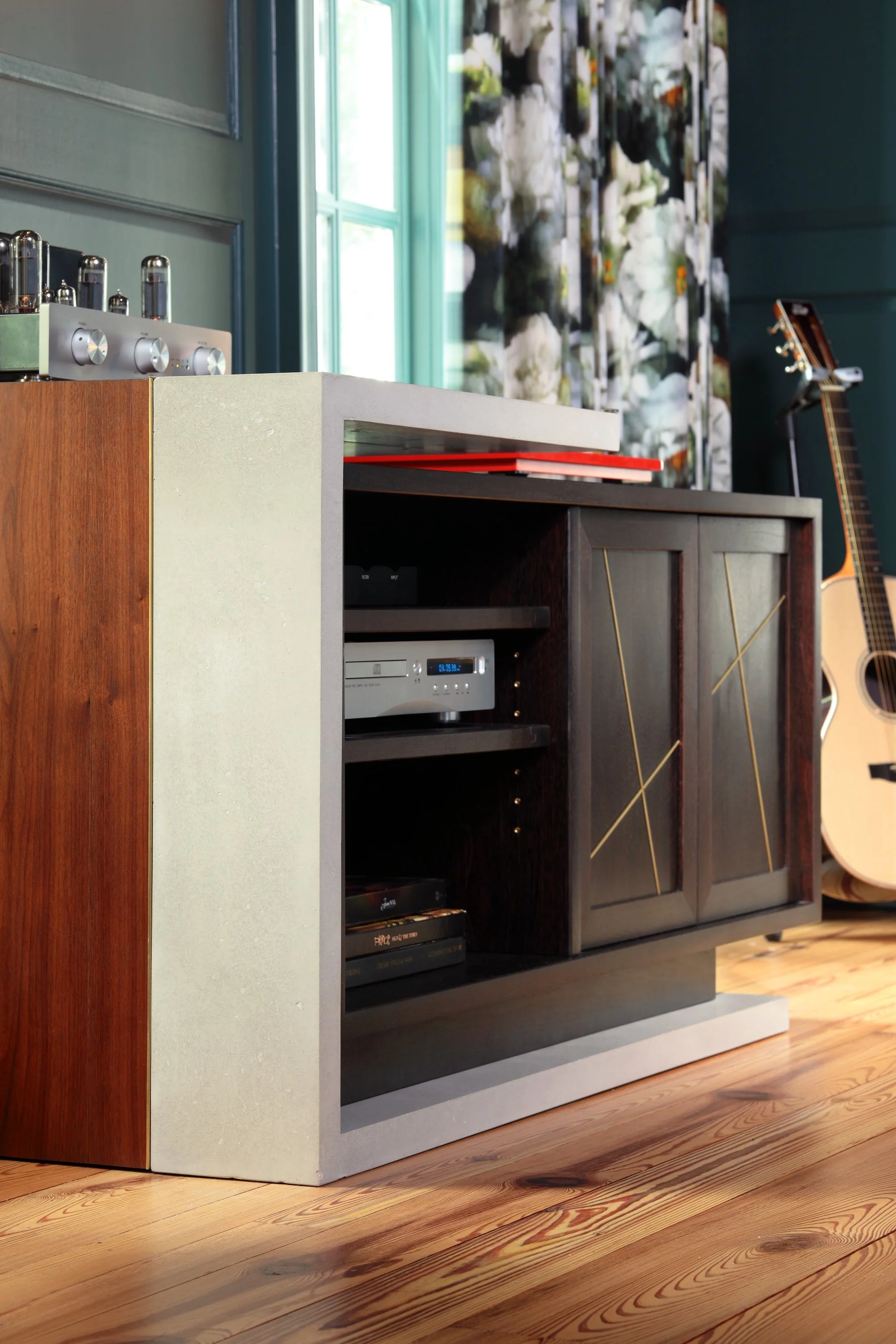 Urban Contemporary Audio Console and media cabinet perfect for the sound mixer, record lover, or musician in your house. Bespoke furniture cabinet perfect for spinning your vinyl records in your chic, urban living room. Custom ultra high performance 