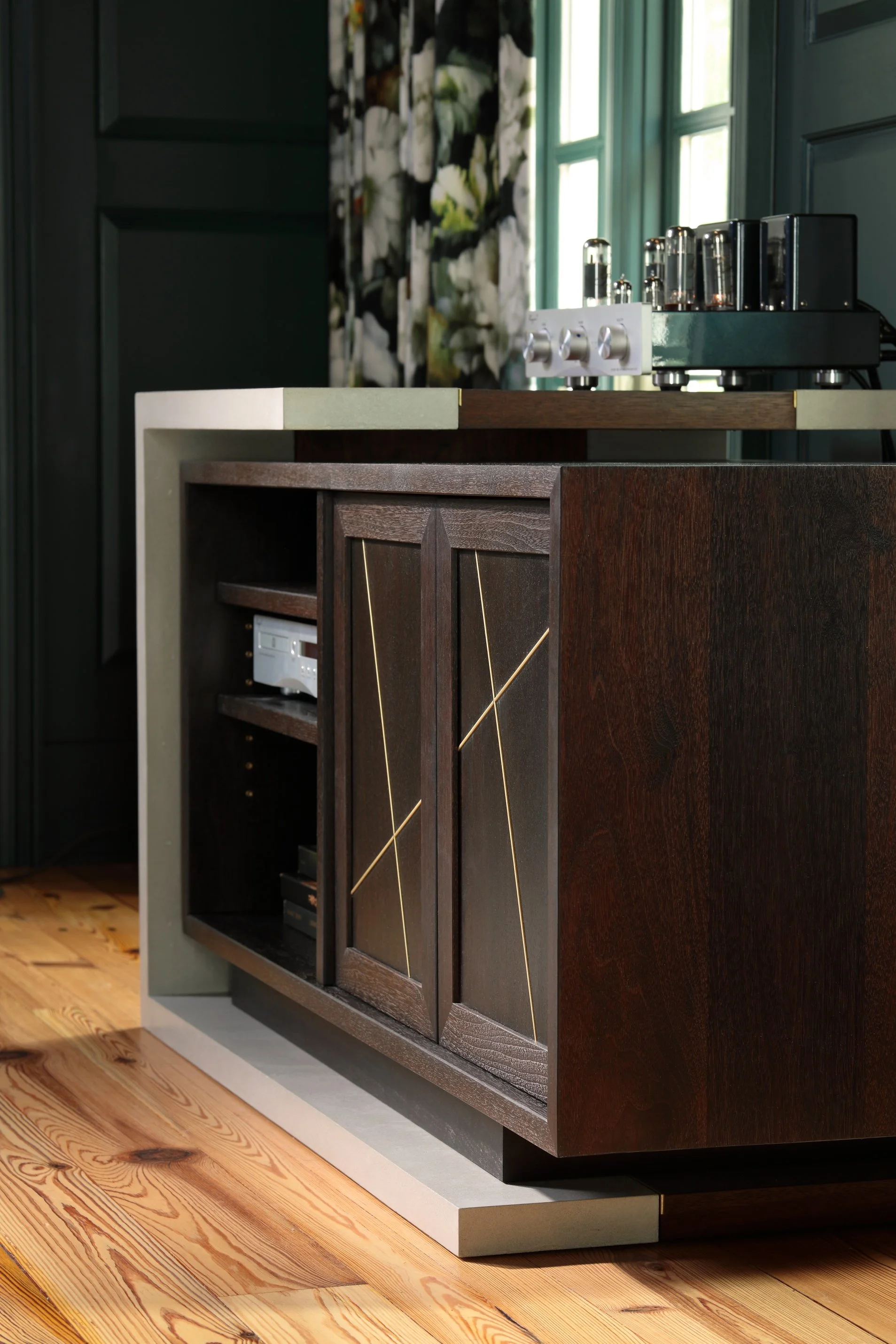 Urban Contemporary Audio Console and media cabinet perfect for the sound mixer, record lover, or musician in your house. Bespoke furniture cabinet perfect for spinning your vinyl records in your chic, urban living room. Custom ultra high performance 