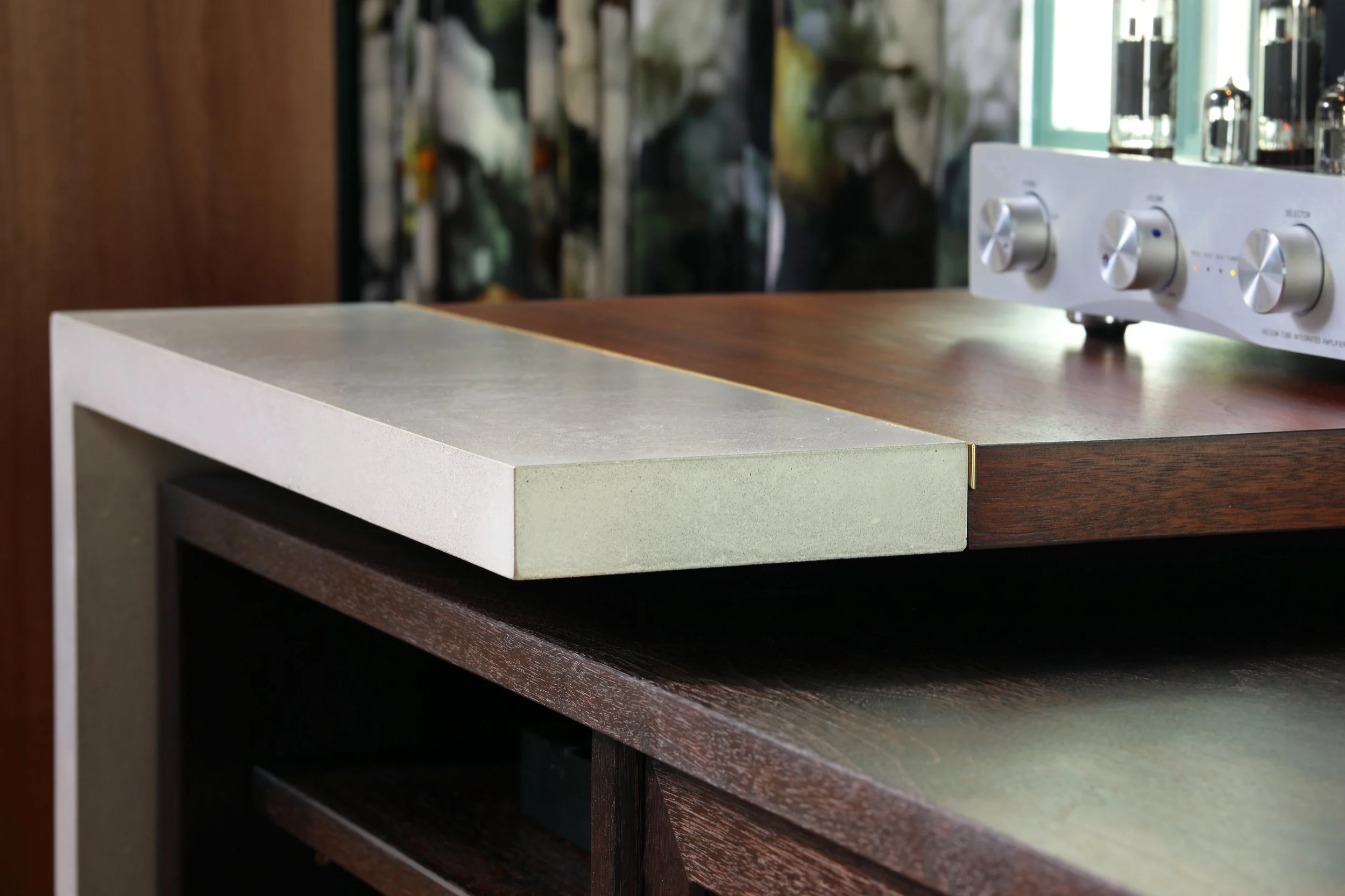 Urban Contemporary Audio Console and media cabinet perfect for the sound mixer, record lover, or musician in your house. Bespoke furniture cabinet perfect for spinning your vinyl records in your chic, urban living room. Custom ultra high performance 