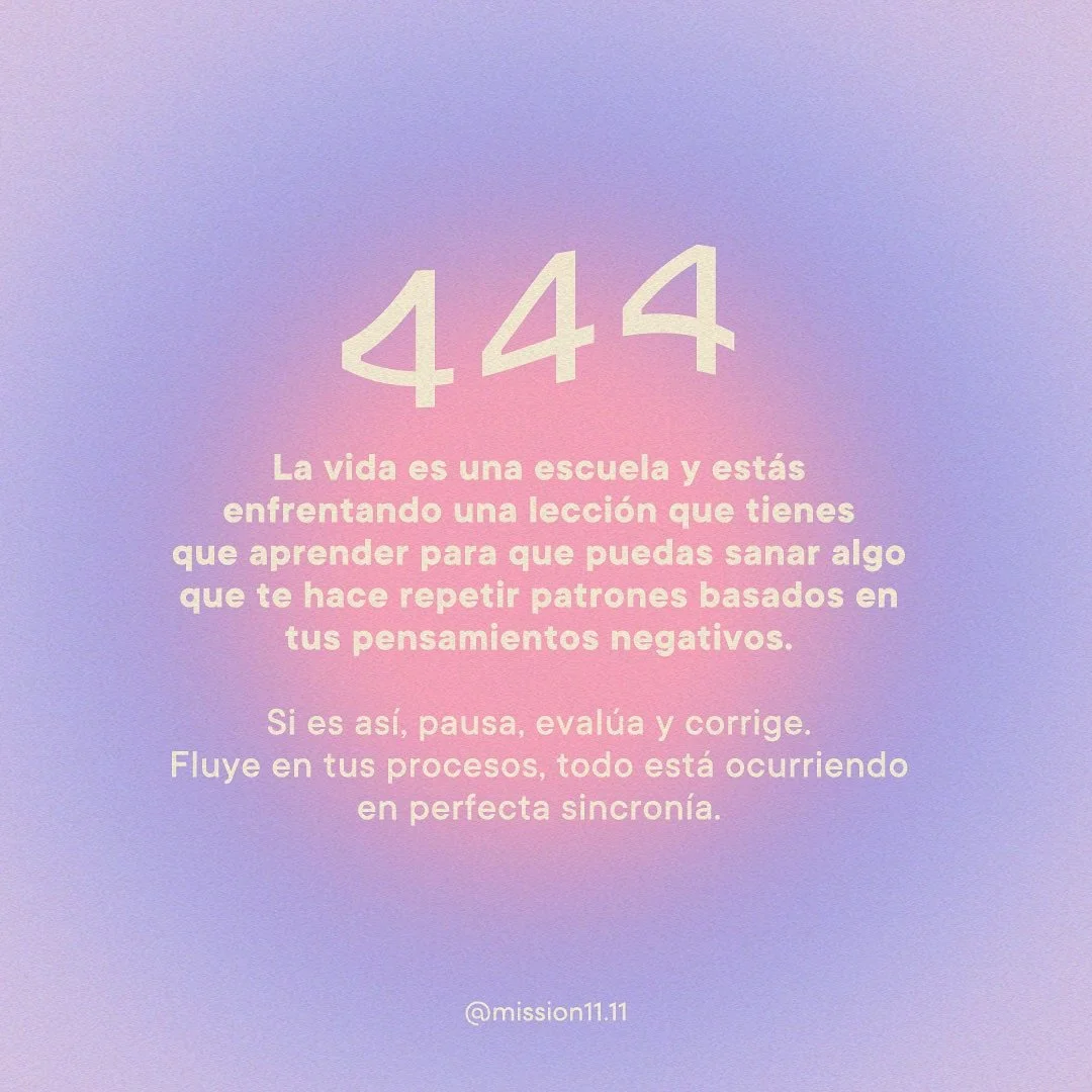 💜✨ El n&uacute;mero 444 te recuerda que la vida es una escuela.

Si est&aacute;s repitiendo patrones y enfrentando las mismas lecciones, es una invitaci&oacute;n a pausar, sanar y alinearte con tu verdadero camino. 🌱

Los n&uacute;meros son c&oacut