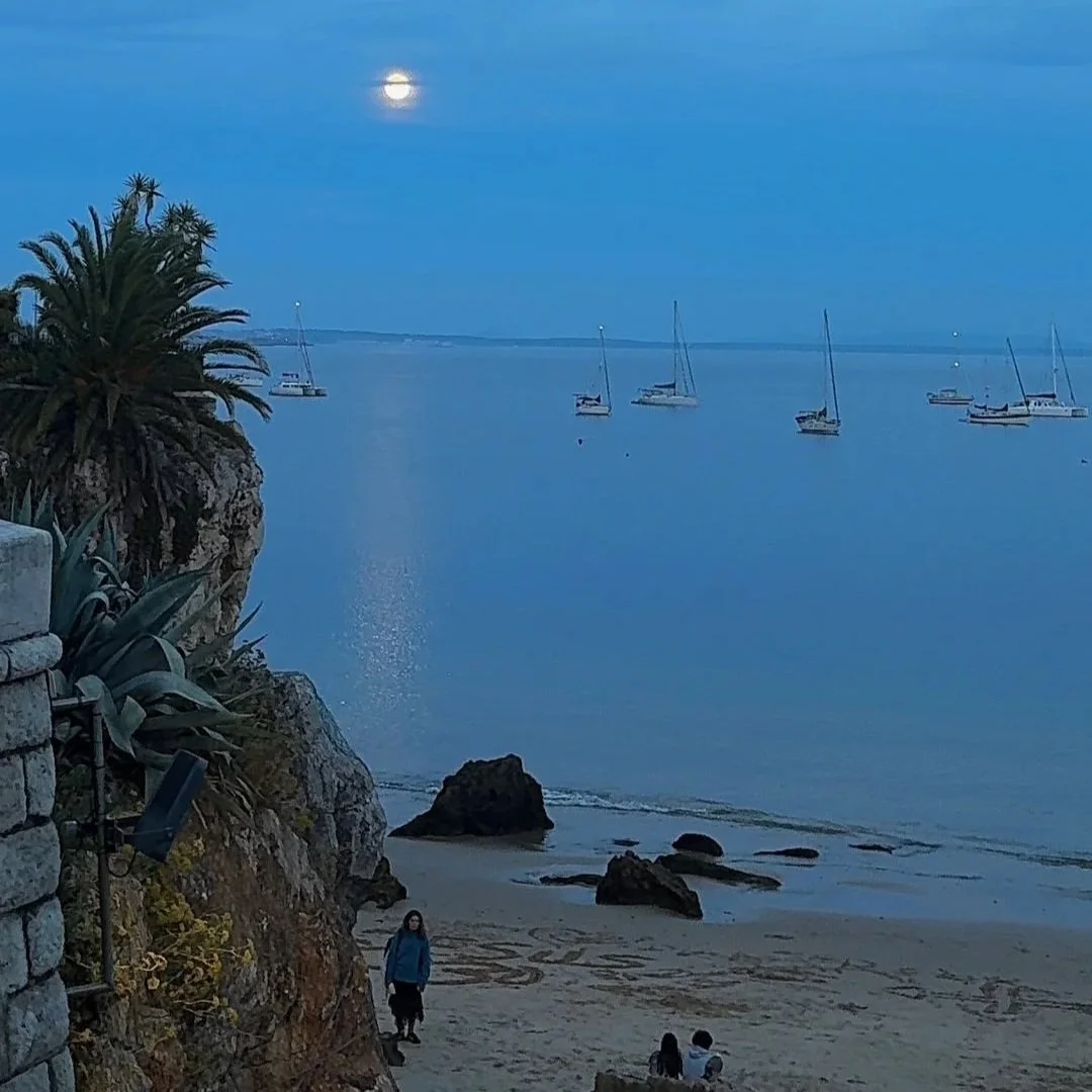 Moonlit beach with boats anchored offshore, large rocks and palm trees, a couple sitting on the sand, and a person walking along the rocky trail.