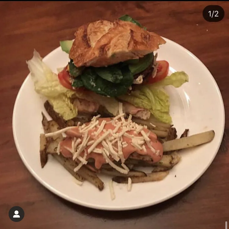 Vegan Spicy Black Bean Burger with Avocado, Spinach, Lettuce, Tomato, non-dairy cheese, Veganaisse, ketchup, & non-dairy "animal style" fries
