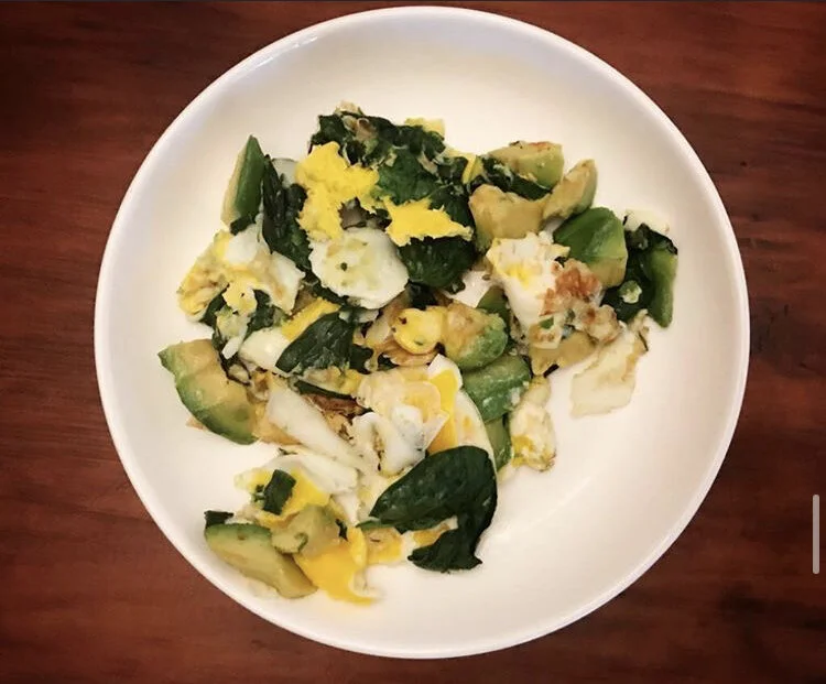 Breakfast Scramble - Spinach, Avocado, & eggs, Topped with Green Salsa