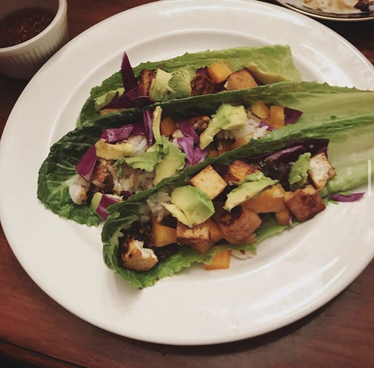 Vegan Lettuce Wraps - Fried Honey Glazed Tofu, White Rice, Hoisin Sauce braised mushrooms, purple cabbage, carrots, and avocado 