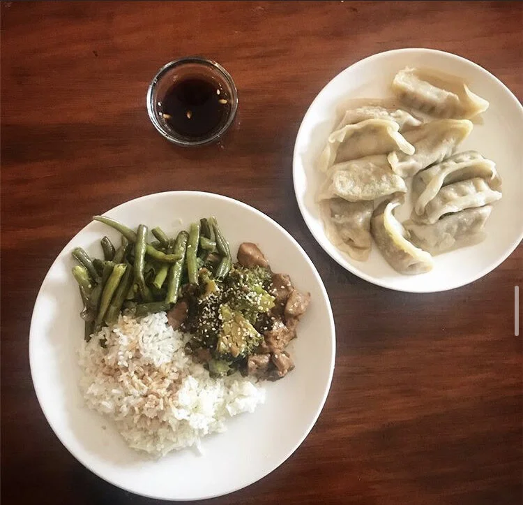 vegan broccoli beef (seitan), green beans, steamed rice, and vegetable dumplings 