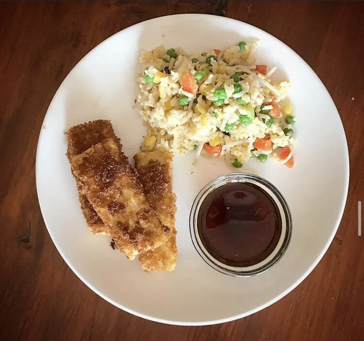 Vegan Chicken Katsu (Tofu) & Fried rice served with orange sauce