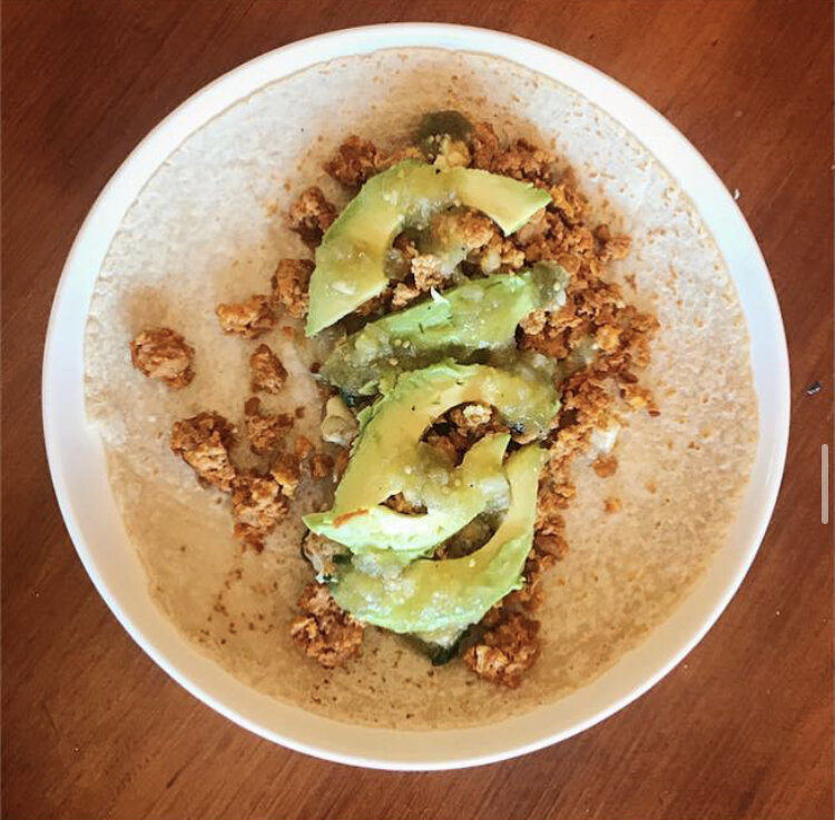 Breakfast Burrito - Soyrizo, Potato, Vegan Mozzarella, Spinach, and avocado