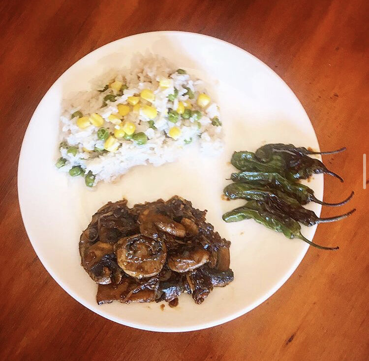 Teriyaki Mushrooms & Bean Sprouts, Shishito Peppers, & seemed rice w/peas & corn 