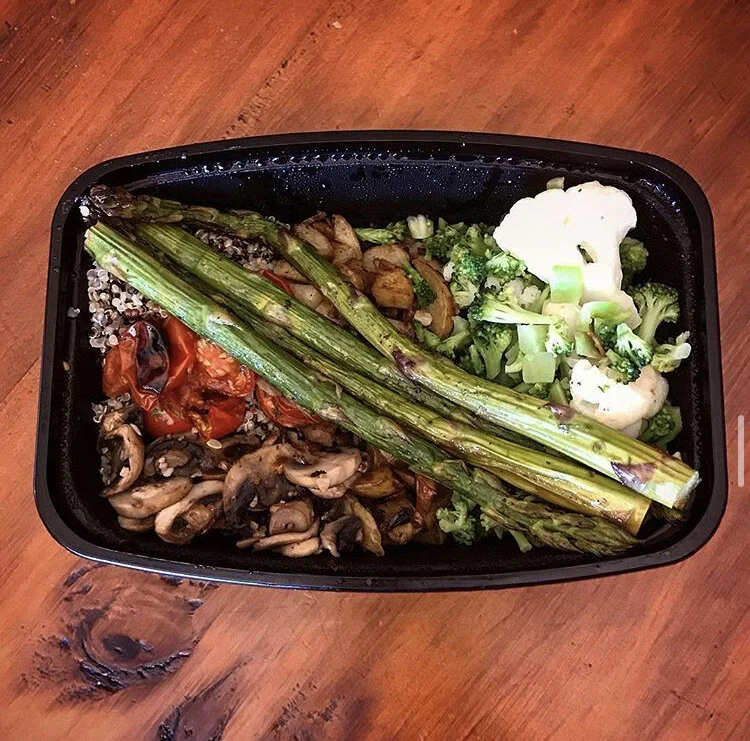 vegetable Medley - Asparagus roasted with grapeseed oil, pepper, lemon, roasted cherry tomatoes, seasoned with parsley. Roasted Mushrooms with minced garlic, potatoes with house seasoning, steamed broccoli, cauliflower, & quinoa 