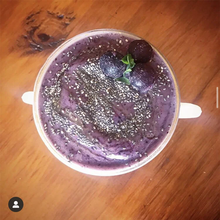 Banana Blueberry Strawberry Mango Smoothie topped with Chia Seeds, Honey & Mint 