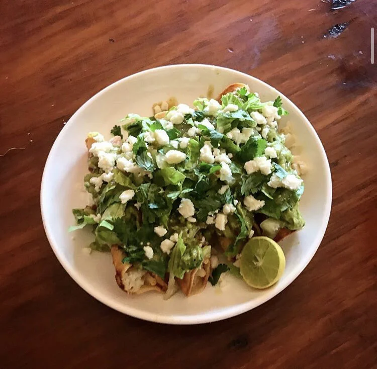 Tacos Dorado - Potato Filling, fried tortillas, lettuce, Queso Fresco, green salsa, lime, cilantro