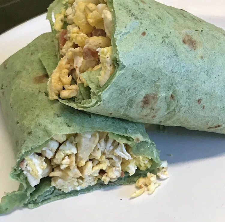 Egg, Potato, Vegan bacon, in a spinach wrap