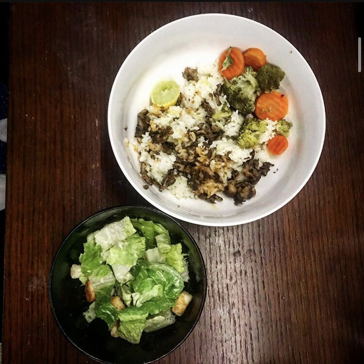 Kailua "Pork" Mushrooms , carrots, broccoli, rice, and Caesar Salad 