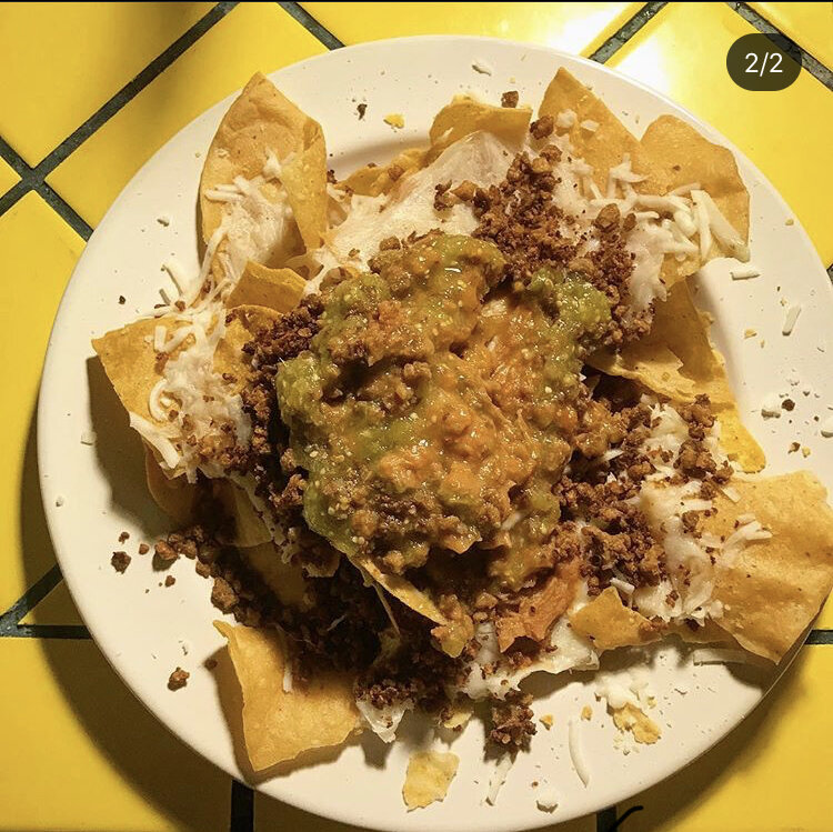 Super Nachos - Vegetarian Meat Crumble, Green Salsa, vegan cheese, Vegan sour cream, 