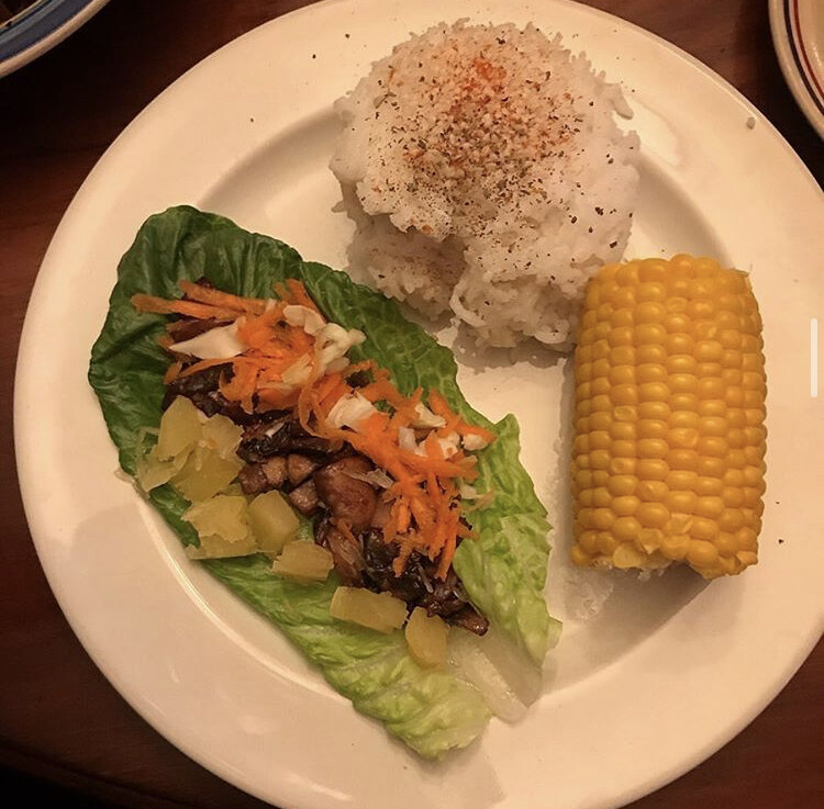 Lettuce Wraps - Hoisin mushrooms, spaghetti squash, carrots, cabbage, romaine lettuce, corn, rice 