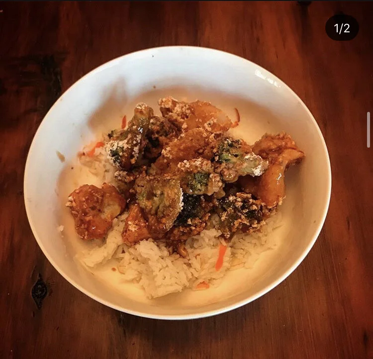 Vegan Orange "Chicken" & rice - Rice, Fried  Broccoli/Cauliflower w/ orange sauce, & carrot shreds
