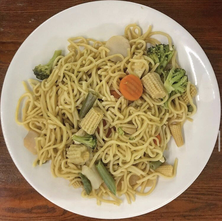 Mongolian Noodle Stir Fry - carrots, broccoli corn, fire oil, green beans, sesame oil, water chestnuts, tofu & bamboo shoots 