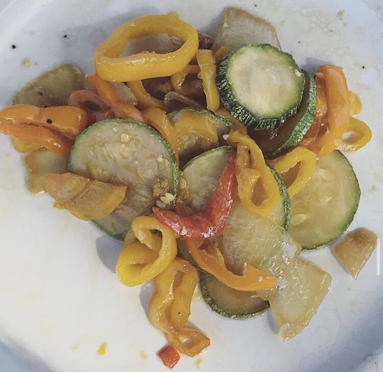 Sautéed Veggies,  bell peppers, onion, zucchinis, mushrooms, olive oil, soy sauce 