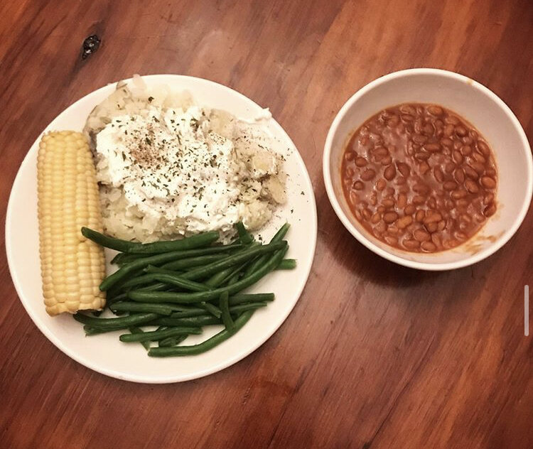 vegetarian baked beans, baked potatoes, steamed corn & green beans 