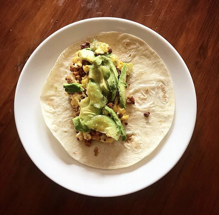 Soyrizo, eggs, avocado, and green salsa 