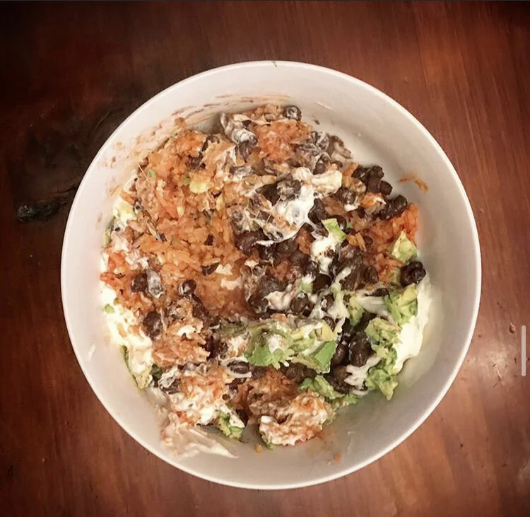 Mexican Rice bowl - - Black beans with taco bell seasoning (cumin, paprika, cayenne pepper, garlic powder) - avocado, cheese, dairy free sour cream