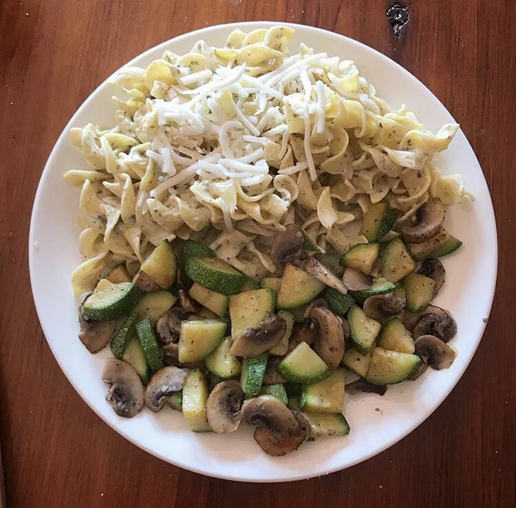 Basil Alfredo Pasta with cheese, with sautéed zucchini/mushrooms