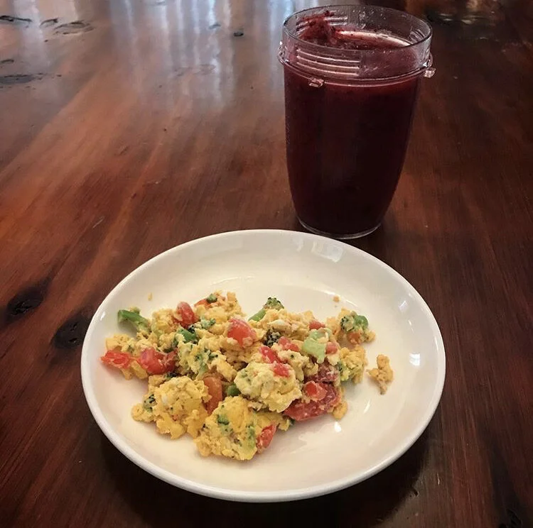 Blueberry/Pineapple smoothie - scrambled eggs with broccoli, dairy free cheese, tomatoes, and avocado 