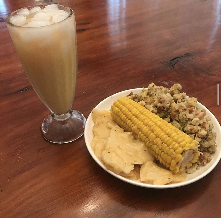 Au gratin potatoes, corn, stuffing & a mimosa (Orange juice & champagne) 
