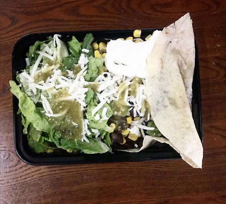 Vitality bowl- corn, beans, rice, dairy free cheese, sour cream, tortilla, avocado 