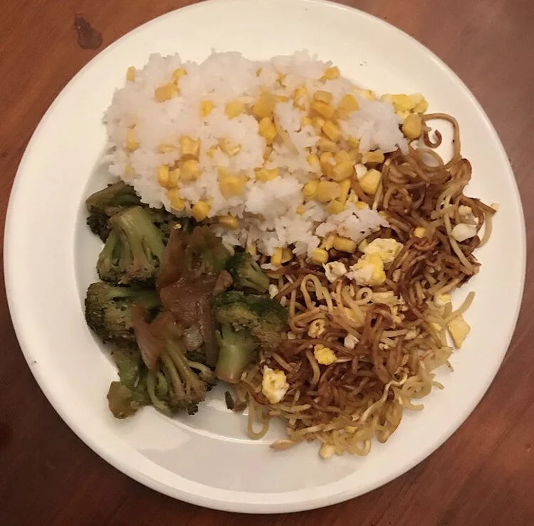 Rice + Corn, Pan fried Noodles, & Vegan Broccoli "Beef" (Seitan)