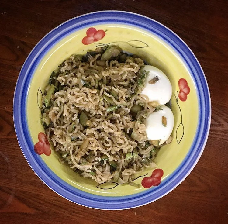 Ramen with sautéed mushrooms, zucchini, broccoli, & 2 soft boiled eggs 