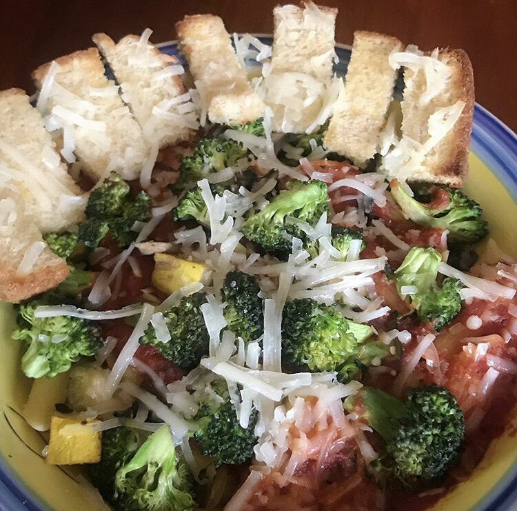 Pasta with red sauce, mushrooms, squash & broccoli