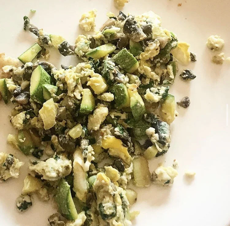 Zucchini, egg, & mushroom scramble