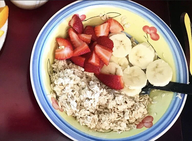 Oatmeal - Strawberries, bananas, & plain oats with a tsp of brown sugar
