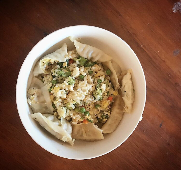 Fried Rice - broccoli, corn, lima beans, green beans, peas carrots, egg, & a side of vegetable dumplings 