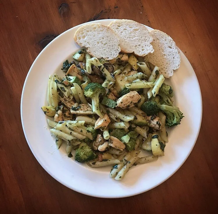 Pesto Pasta, with broccoli, tomatoes, mushroom, zucchini, squash, & chicken
