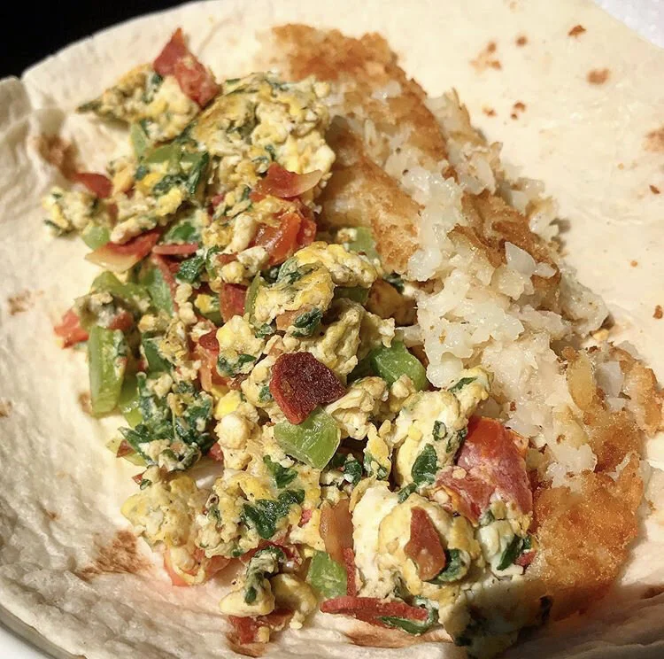 Hash brown, eggs, vegan bacon, bell pepper, spinach