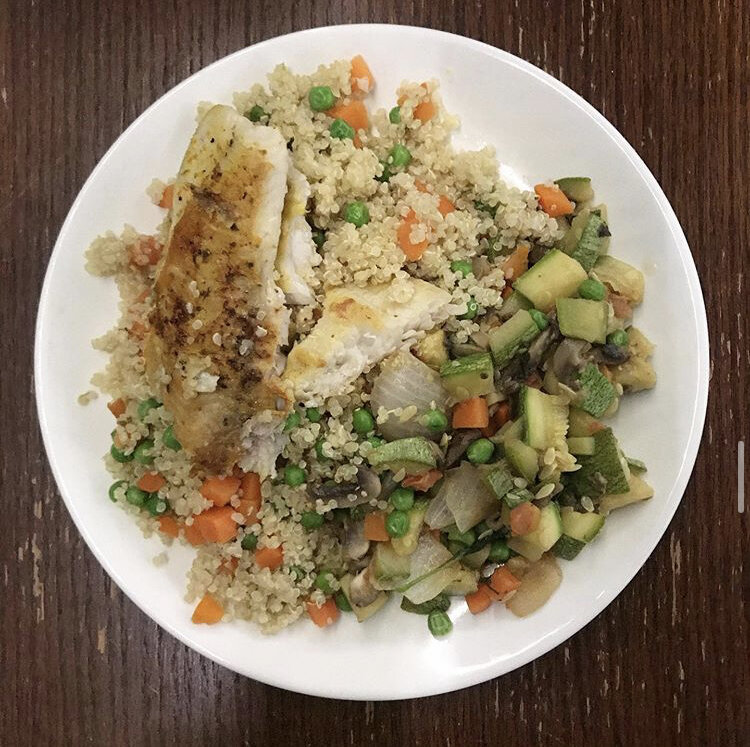 Tilapia, quinoa, carrots, peas, onions, mushrooms, zucchini, tomatoes