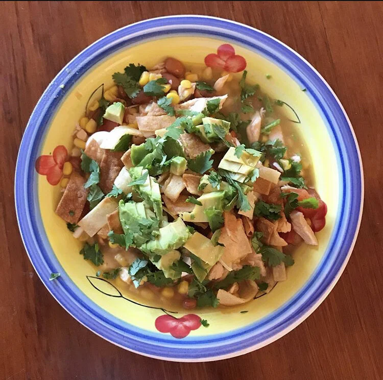 Tortilla Soup - Ingredients: Tortilla Strips, avocado, cilantro, corn, tomatoes, chicken, beans. Recipe 1: 