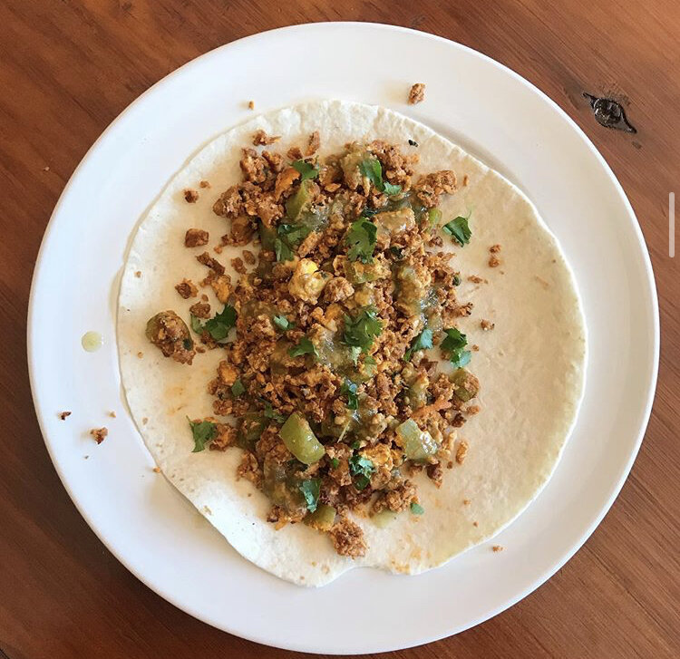 burrito, egg, bell peppers, soyrizo, spinach, cilantro, green  salsa