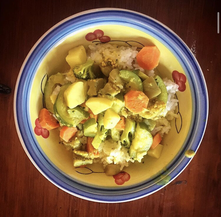 Curry - Sweet potatoes, zucchini, eggplant, carrots, broccoli, ginger, garlic, siracha, vegetable bouillon, curry powder, turmeric, bay leaf, coconut milk, salt, sugar, lemon juice, water