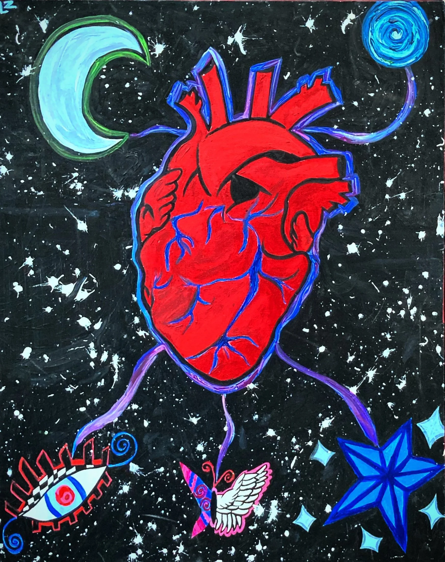                                  "Midnight" 
Inspired by this period of my life, the heart represented me, and the moon, my lover. The Angelic Butterfly was the freedom I longed for. The Eyes, stars, and swirls were a source of my inspiration and for