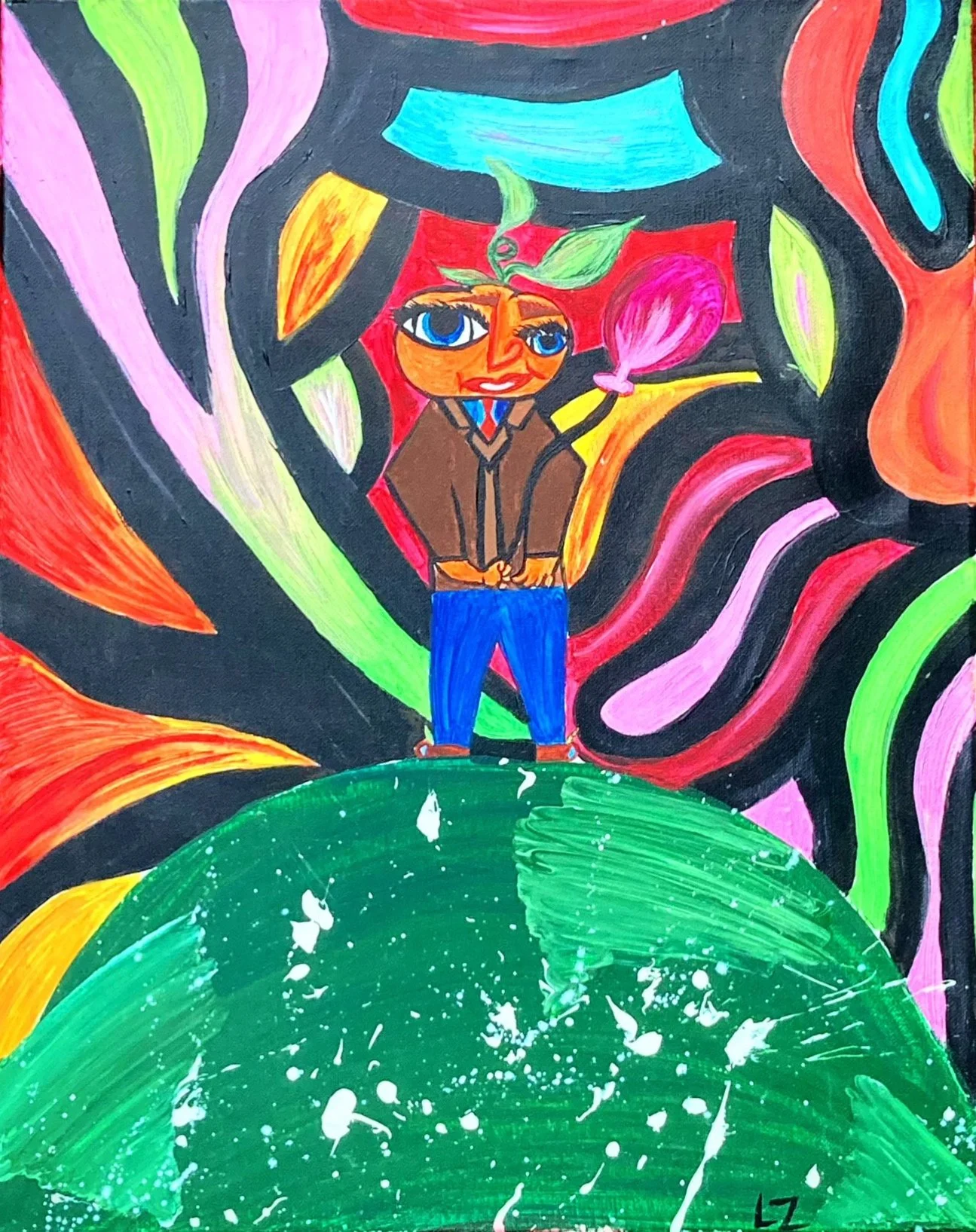 "Poppy" - My uncle introduced me to art, he was and is a really important person in my life. This piece was inspired by him, when we were having a conversation about art. he was drinking a beer with a tangerine face on it, and I liked it. This is "Po