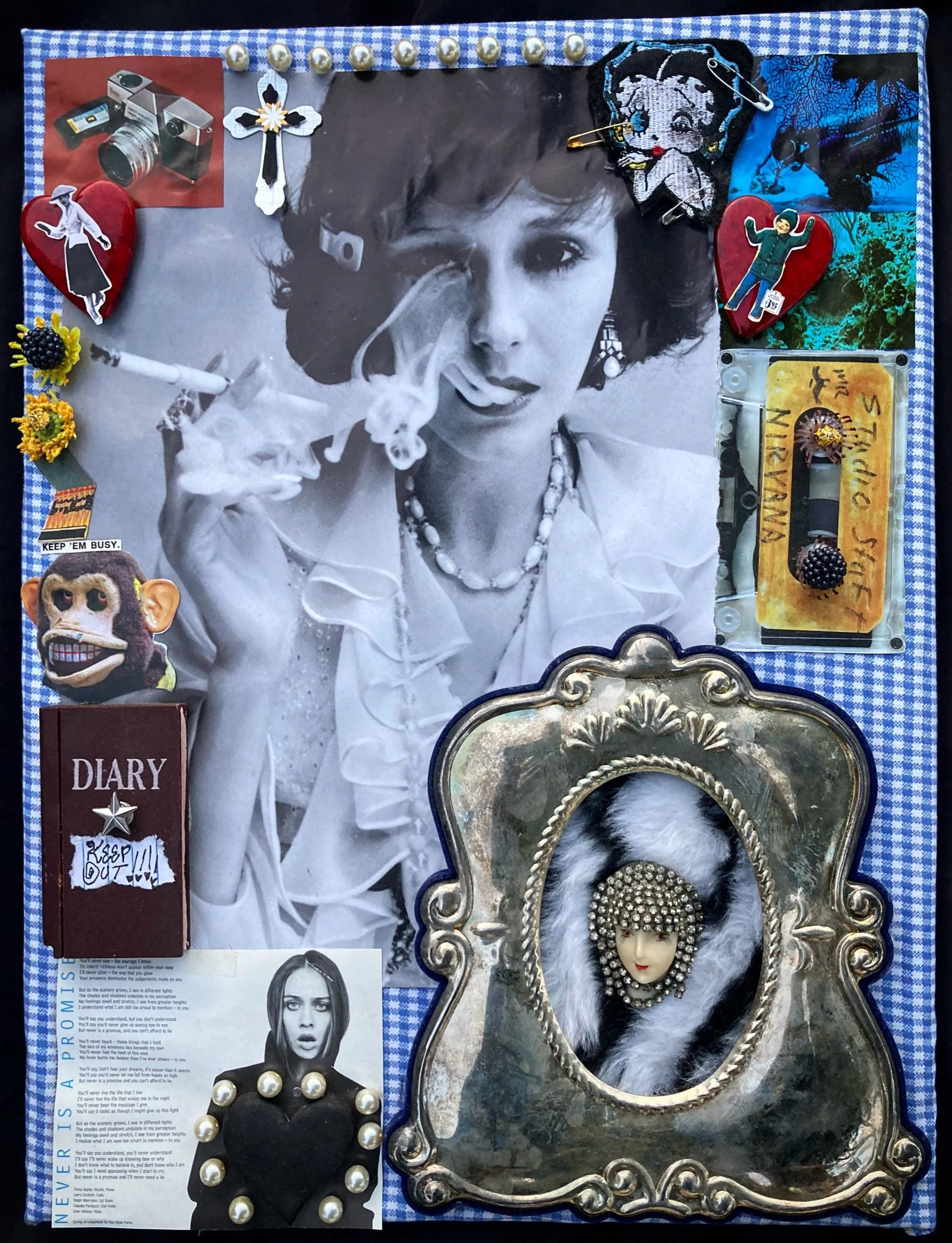 "Little Doll"
Inspired by the faces in the images. The innocence of dolls, every face in here is a doll to me. Fiona Apple, Jolly chimp, I find inspiration as I create a piece, and when I know, I know, until then I don't. 
