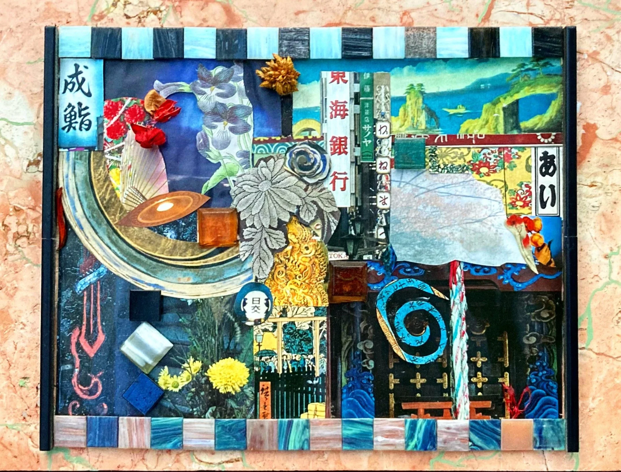 "Saku-Rain" 
- Every image in this piece, is from a book, What Life Is Like In Tokyo. I wanted to keep the piece feeling fresh, and minimal, leave people refreshed after interacting with it. It is all mounted on a Jerusalem Stone. *This was also the 