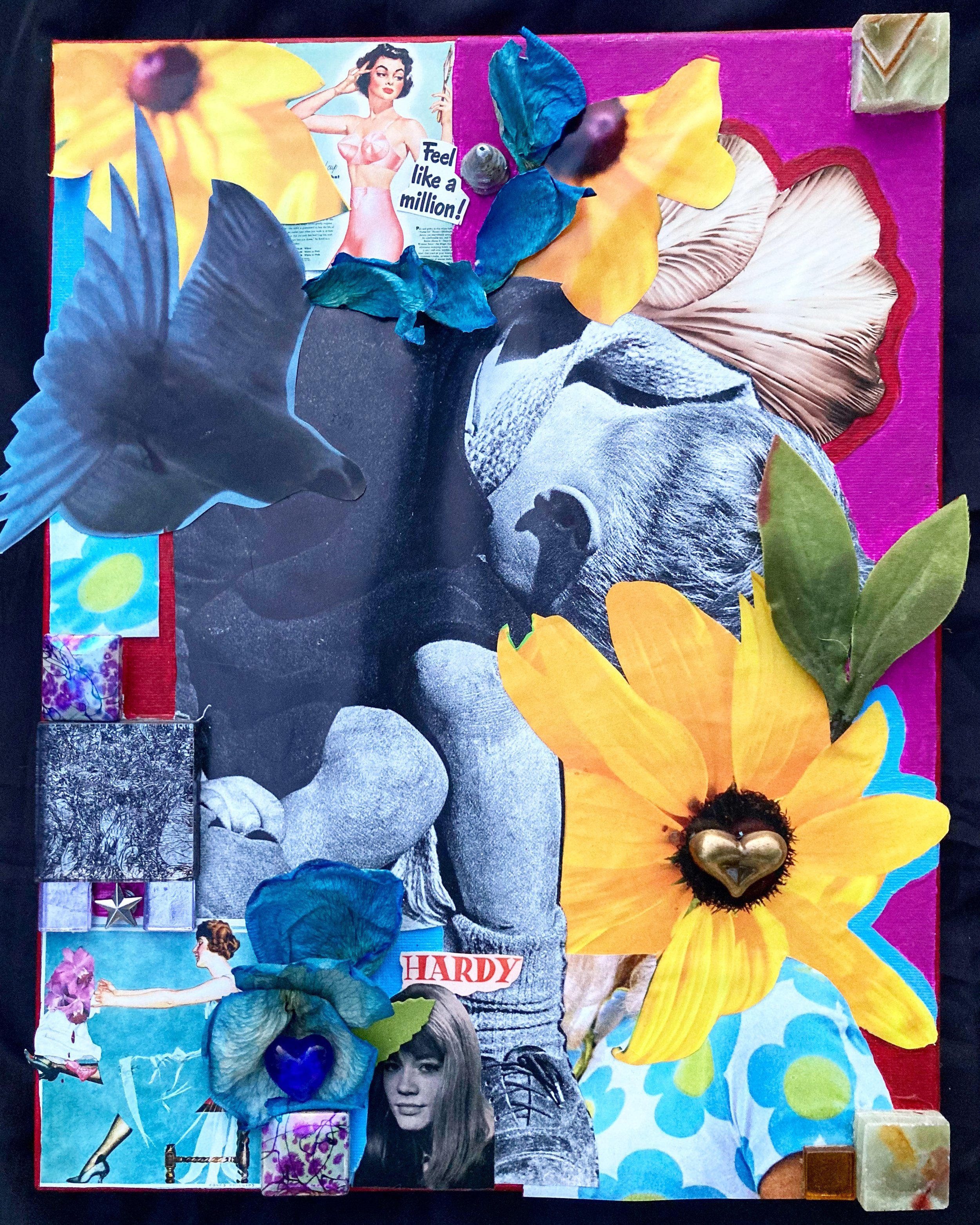 "Spring Blues" 
- Inspired by the Singer Francois Hardy. I absolutely Love French Culture. Her songs make me feel melancholic, sad, yet happy at the same time. Which is why I picked the sad little boy as the centerpiece, surrounded by Color & Happine